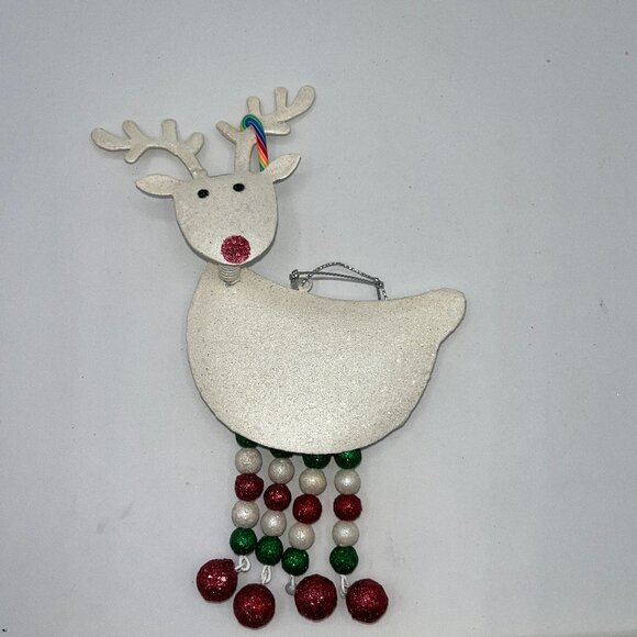 Vintage Pier One Pier 1 Metal Glitter Reindeer Ornament Red Green Dangly Legs - Picture 1 of 15